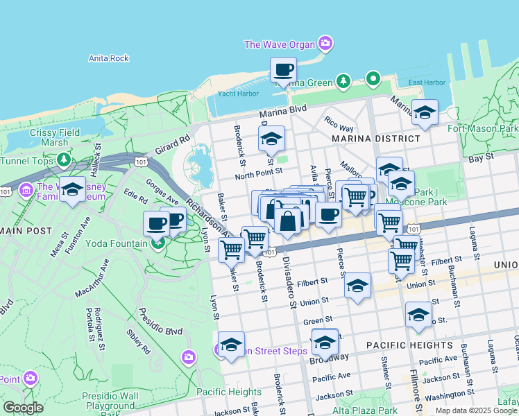 map of restaurants, bars, coffee shops, grocery stores, and more near 3445 Divisadero Street in San Francisco