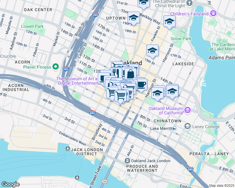 map of restaurants, bars, coffee shops, grocery stores, and more near 988 Broadway in Oakland