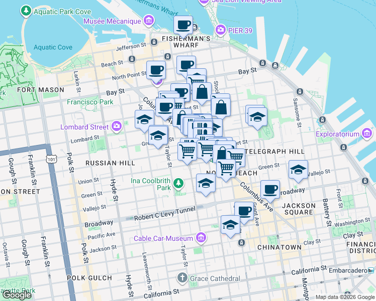 map of restaurants, bars, coffee shops, grocery stores, and more near Mason St & Filbert St in San Francisco