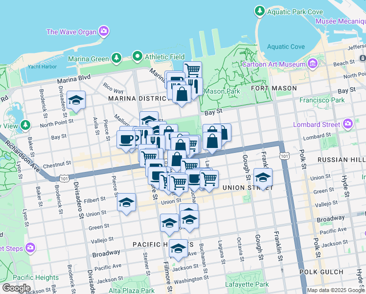 map of restaurants, bars, coffee shops, grocery stores, and more near 1800 Chestnut Street in San Francisco