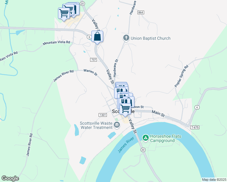 map of restaurants, bars, coffee shops, grocery stores, and more near 105 Warren Street in Scottsville