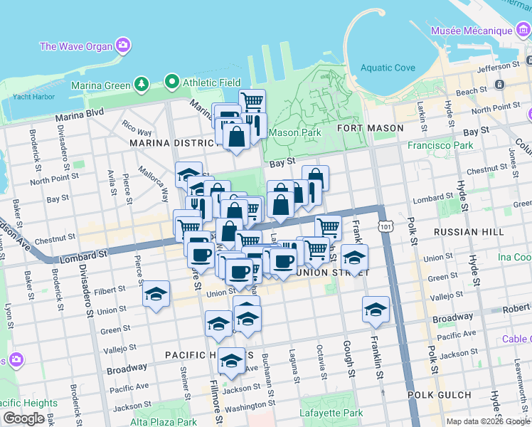 map of restaurants, bars, coffee shops, grocery stores, and more near 3255 Laguna Street in San Francisco