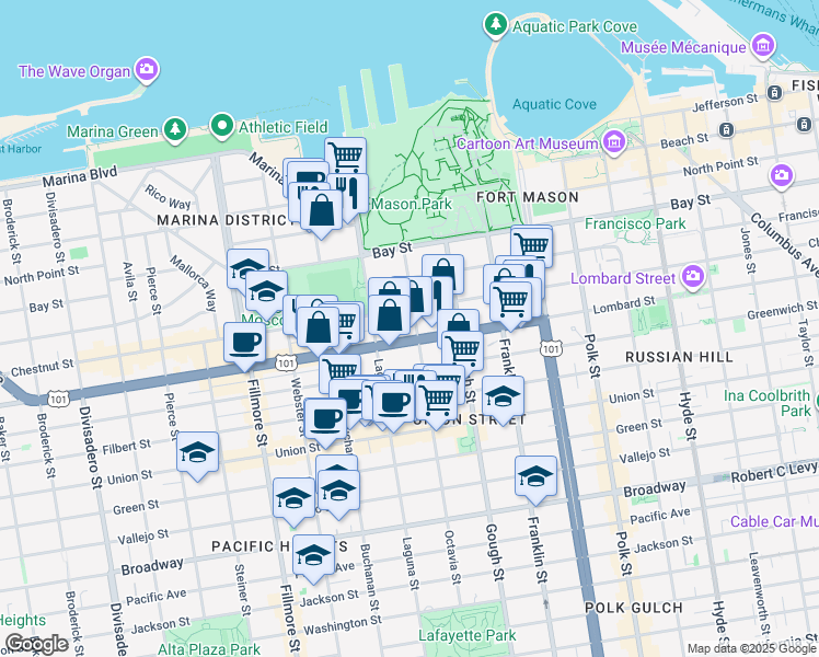 map of restaurants, bars, coffee shops, grocery stores, and more near 1625 Chestnut Street in San Francisco