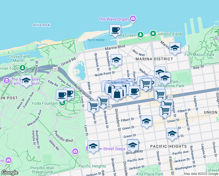 map of restaurants, bars, coffee shops, grocery stores, and more near 3445 Divisadero Street in San Francisco