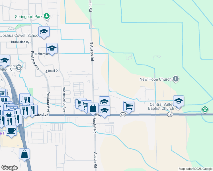 map of restaurants, bars, coffee shops, grocery stores, and more near 17695 Kram Court in Manteca