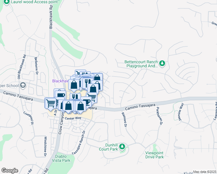 map of restaurants, bars, coffee shops, grocery stores, and more near 313 Camino Arroyo in Danville