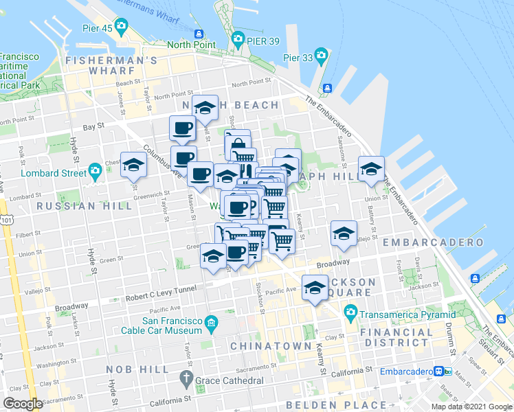 map of restaurants, bars, coffee shops, grocery stores, and more near in San Francisco