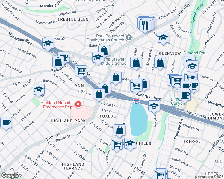map of restaurants, bars, coffee shops, grocery stores, and more near 1442 MacArthur Boulevard in Oakland