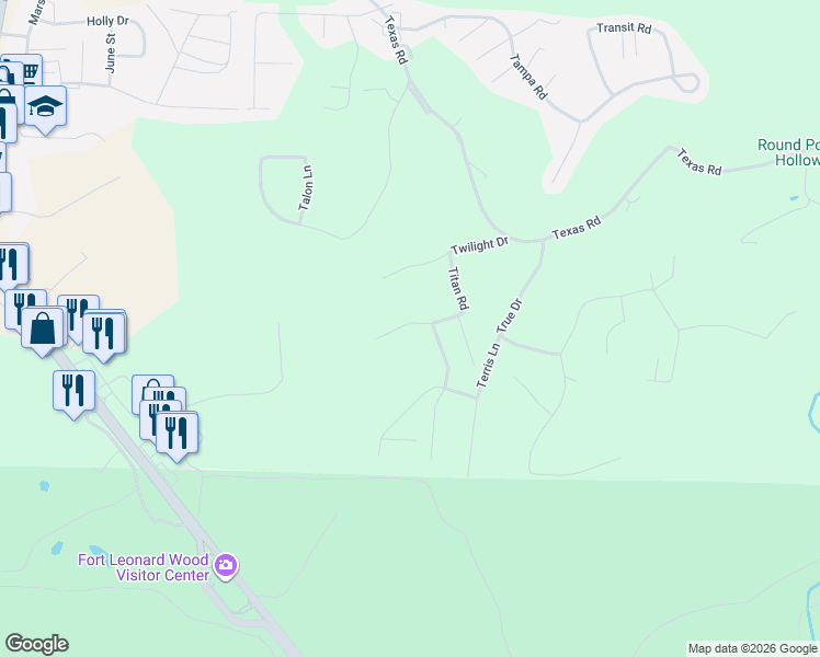 map of restaurants, bars, coffee shops, grocery stores, and more near 16561 Titan Road in Saint Robert