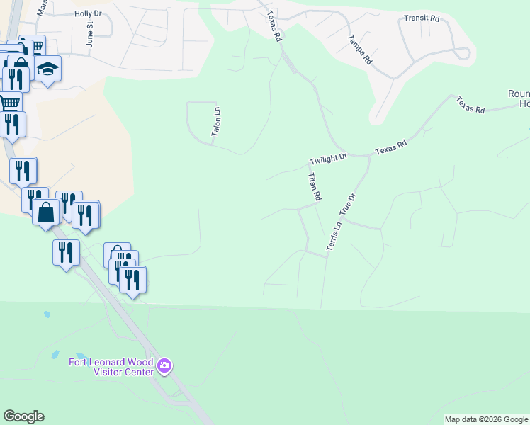 map of restaurants, bars, coffee shops, grocery stores, and more near 16591 Titan Road in St. Robert