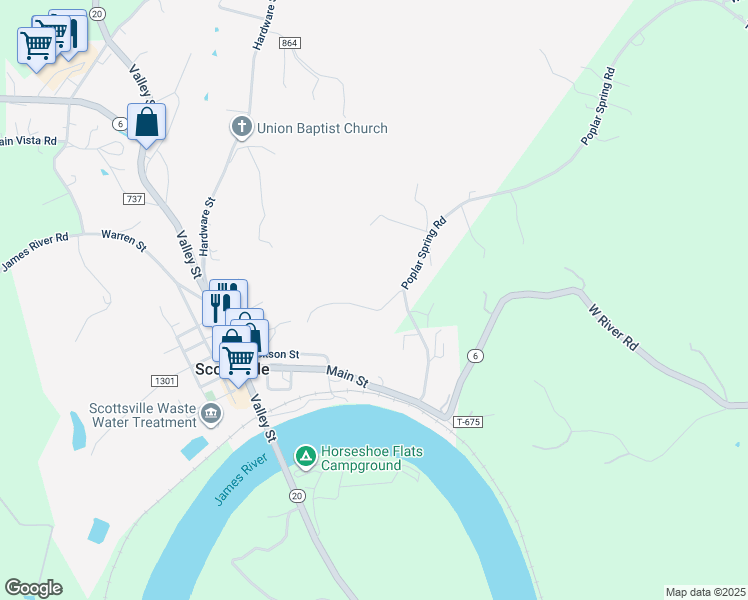 map of restaurants, bars, coffee shops, grocery stores, and more near 345 Littleberry Ln in Scottsville