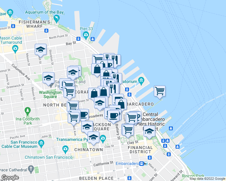 map of restaurants, bars, coffee shops, grocery stores, and more near 1050 Battery Street in San Francisco