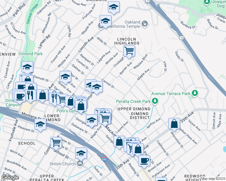 map of restaurants, bars, coffee shops, grocery stores, and more near 2877 Carmel Street in Oakland