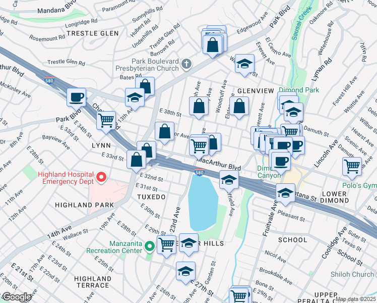 map of restaurants, bars, coffee shops, grocery stores, and more near 3534 Randolph Avenue in Oakland