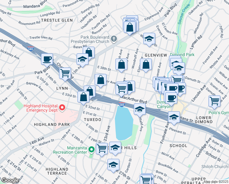 map of restaurants, bars, coffee shops, grocery stores, and more near 3534 Randolph Avenue in Oakland