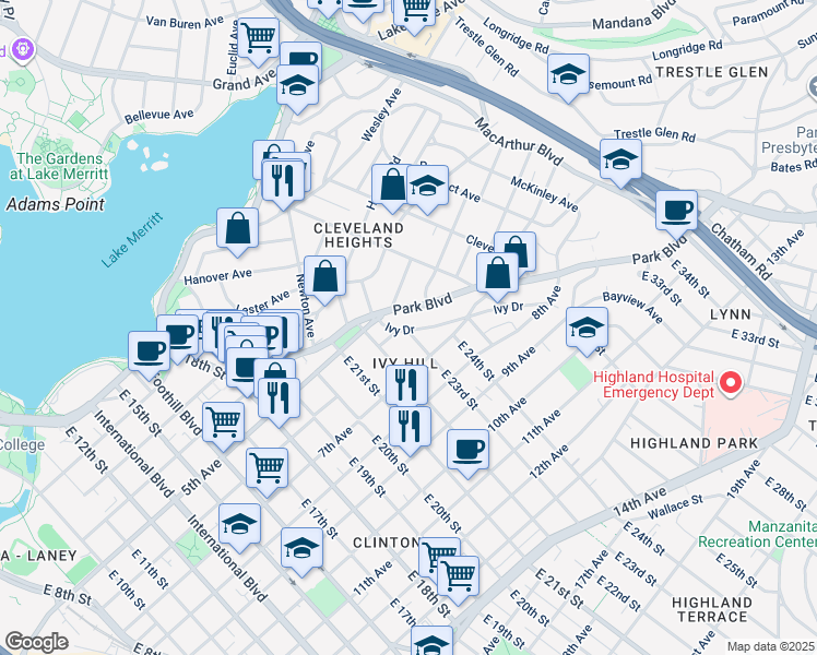 map of restaurants, bars, coffee shops, grocery stores, and more near 2348 Park Boulevard in Oakland