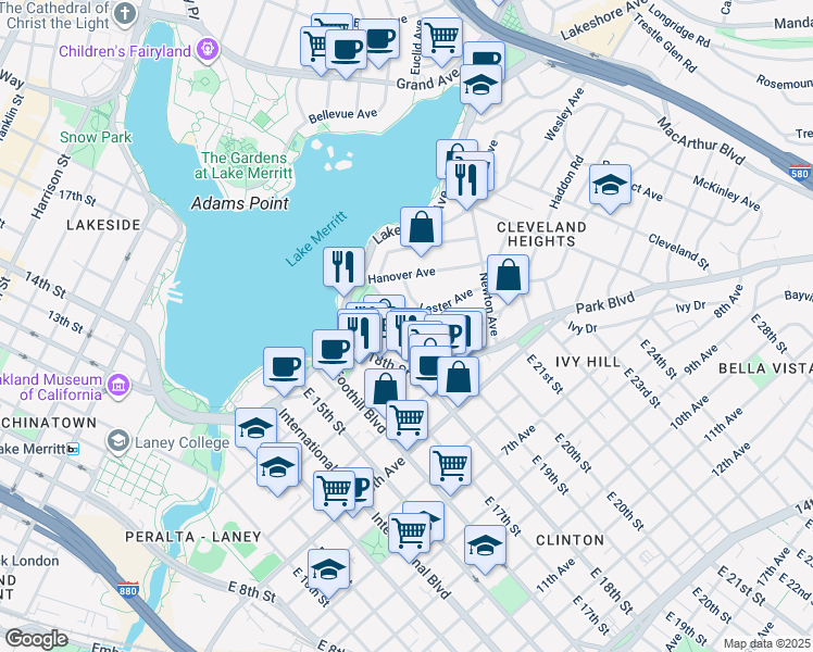 map of restaurants, bars, coffee shops, grocery stores, and more near 252 Acton Place in Oakland