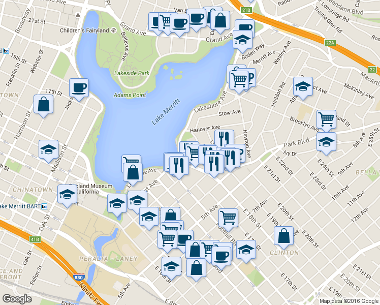 map of restaurants, bars, coffee shops, grocery stores, and more near 227 Wayne Avenue in Oakland