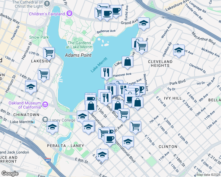 map of restaurants, bars, coffee shops, grocery stores, and more near 1830 Lakeshore Avenue in Oakland