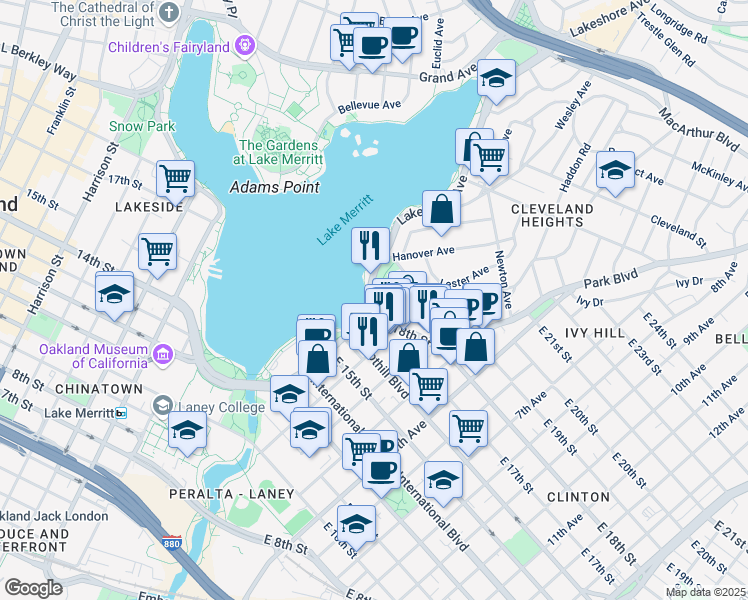 map of restaurants, bars, coffee shops, grocery stores, and more near 1830 Lakeshore Avenue in Oakland