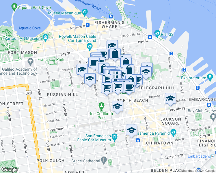 map of restaurants, bars, coffee shops, grocery stores, and more near in San Francisco