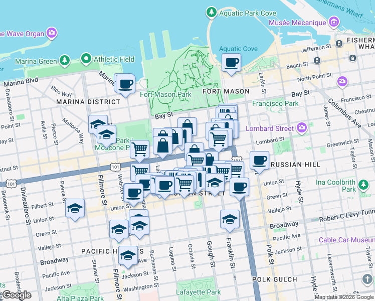 map of restaurants, bars, coffee shops, grocery stores, and more near 1525 Chestnut Street in San Francisco