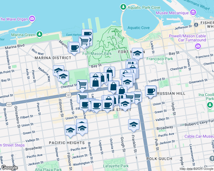 map of restaurants, bars, coffee shops, grocery stores, and more near 1525 Chestnut Street in San Francisco