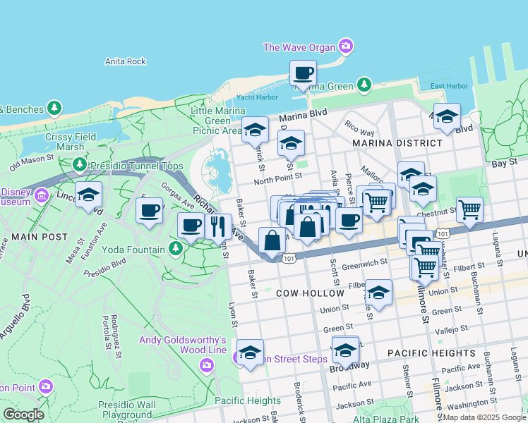 map of restaurants, bars, coffee shops, grocery stores, and more near 2301 Bay Street in San Francisco