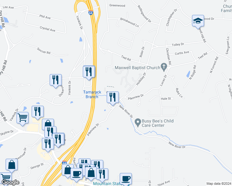 map of restaurants, bars, coffee shops, grocery stores, and more near 122 Manor Drive in Beckley