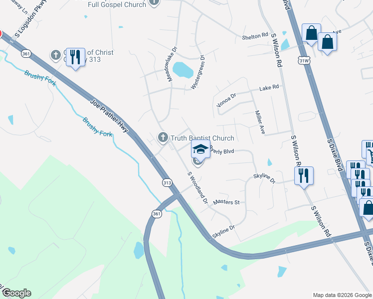 map of restaurants, bars, coffee shops, grocery stores, and more near 104 Wayne Way in Radcliff