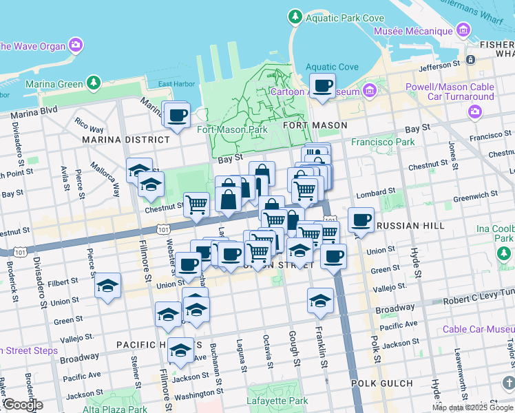 map of restaurants, bars, coffee shops, grocery stores, and more near 1525 Chestnut Street in San Francisco