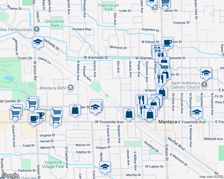 map of restaurants, bars, coffee shops, grocery stores, and more near 245 Elm Avenue in Manteca