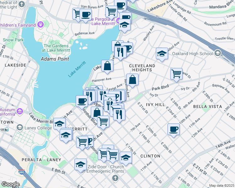 map of restaurants, bars, coffee shops, grocery stores, and more near 249 Athol Avenue in Oakland