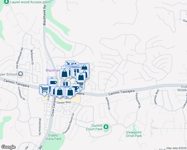 map of restaurants, bars, coffee shops, grocery stores, and more near 400 Cam Arroyo West in Danville