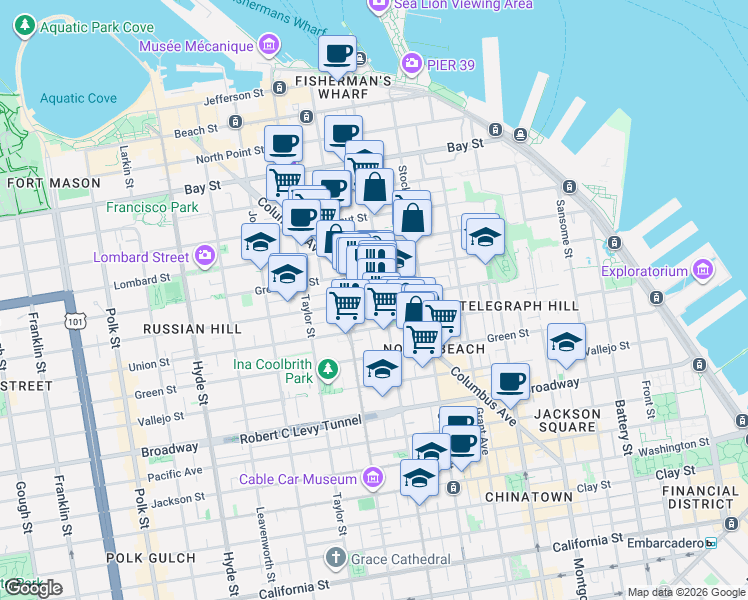 map of restaurants, bars, coffee shops, grocery stores, and more near Columbus Avenue & Filbert Street in San Francisco