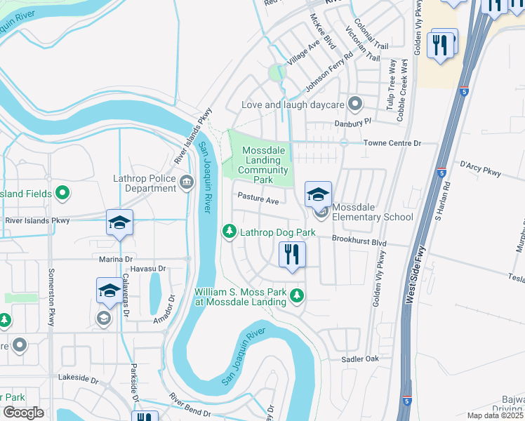 map of restaurants, bars, coffee shops, grocery stores, and more near 697 Bramblewood Avenue in Lathrop