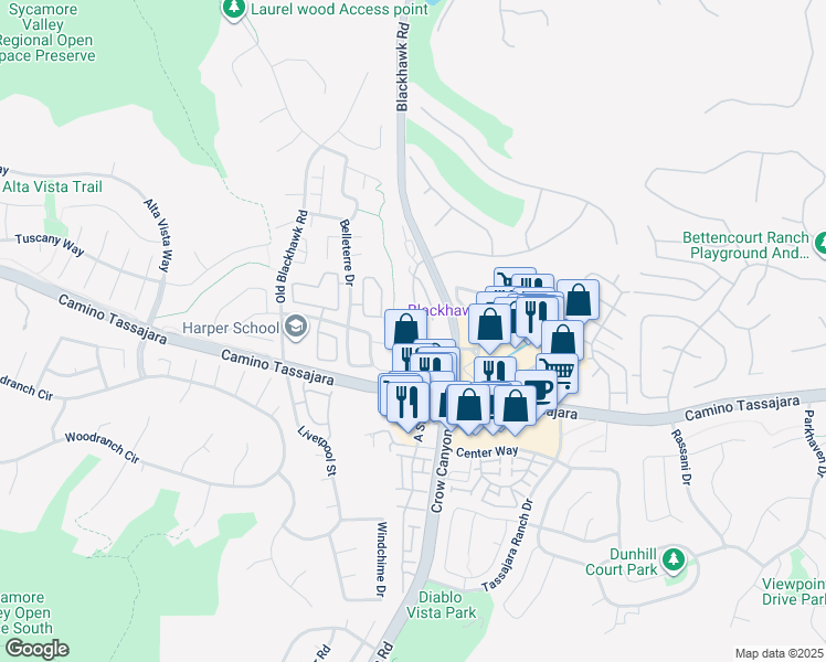 map of restaurants, bars, coffee shops, grocery stores, and more near 565 Silver Oak Lane in Danville