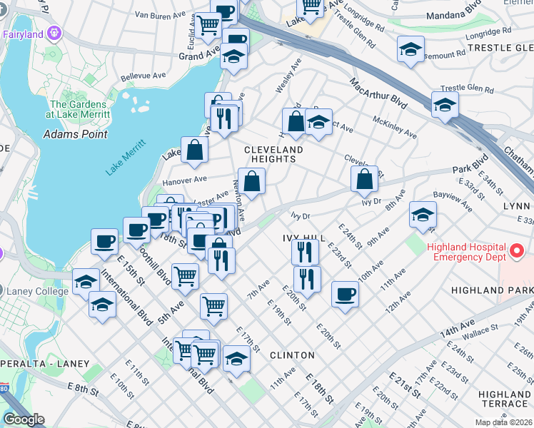 map of restaurants, bars, coffee shops, grocery stores, and more near Park Boulevard & Haddon Road in Oakland
