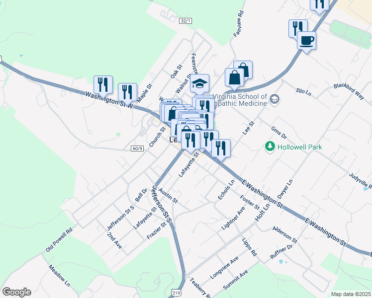 map of restaurants, bars, coffee shops, grocery stores, and more near 141 U.S. 219 in Lewisburg