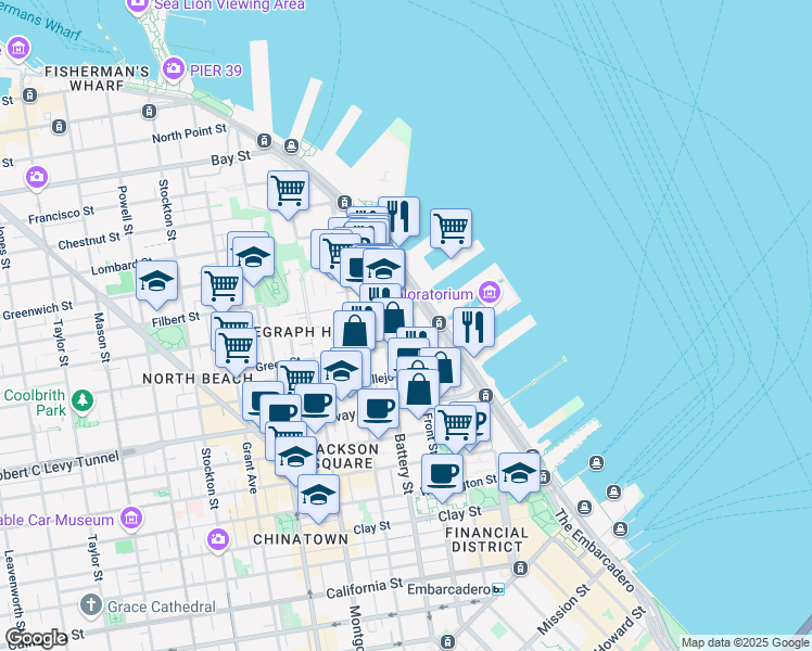 map of restaurants, bars, coffee shops, grocery stores, and more near 1050 Front Street in San Francisco
