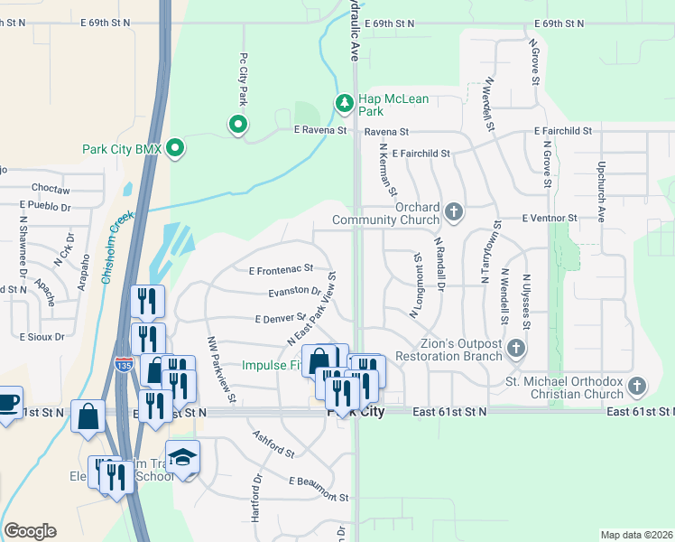 map of restaurants, bars, coffee shops, grocery stores, and more near 6508-6518 North East Park View Street in Park City