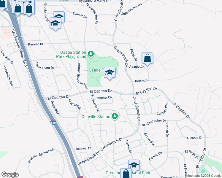 map of restaurants, bars, coffee shops, grocery stores, and more near 587 El Capitan Drive in Danville