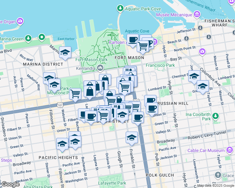 map of restaurants, bars, coffee shops, grocery stores, and more near 1530 Lombard Street in San Francisco