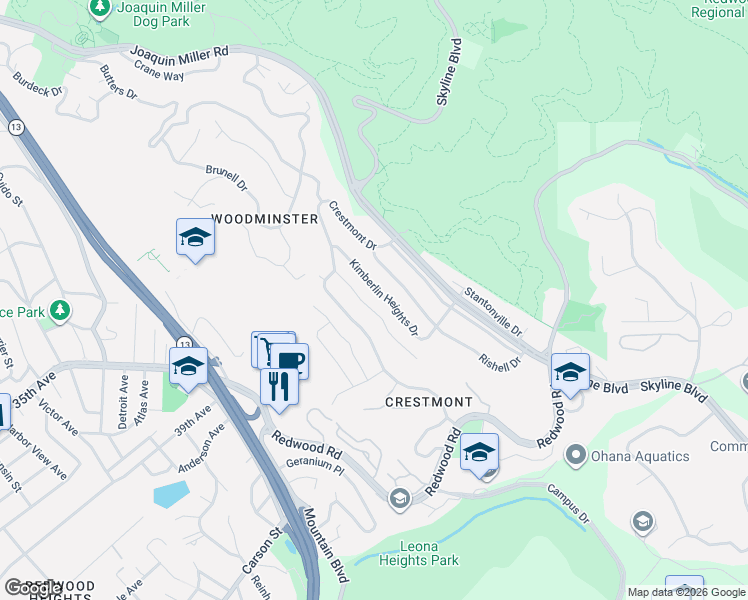 map of restaurants, bars, coffee shops, grocery stores, and more near 2 Kimberlin Heights Drive in Oakland