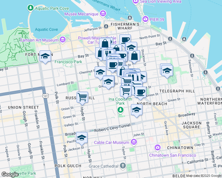 map of restaurants, bars, coffee shops, grocery stores, and more near 30 Roach Street in San Francisco