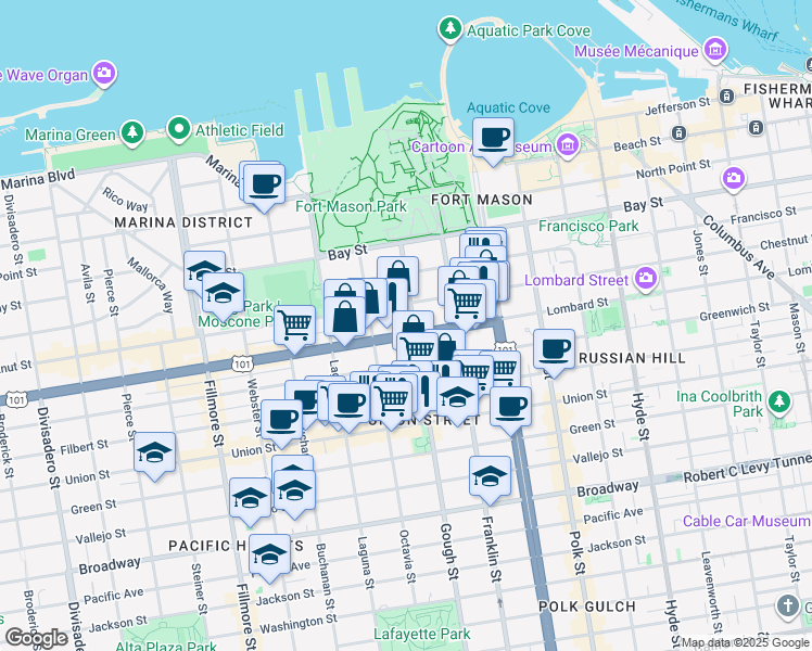 map of restaurants, bars, coffee shops, grocery stores, and more near 1525 Chestnut Street in San Francisco