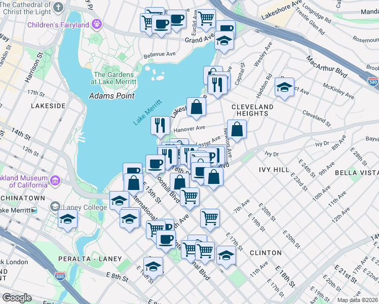 map of restaurants, bars, coffee shops, grocery stores, and more near 185 Athol Avenue in Oakland
