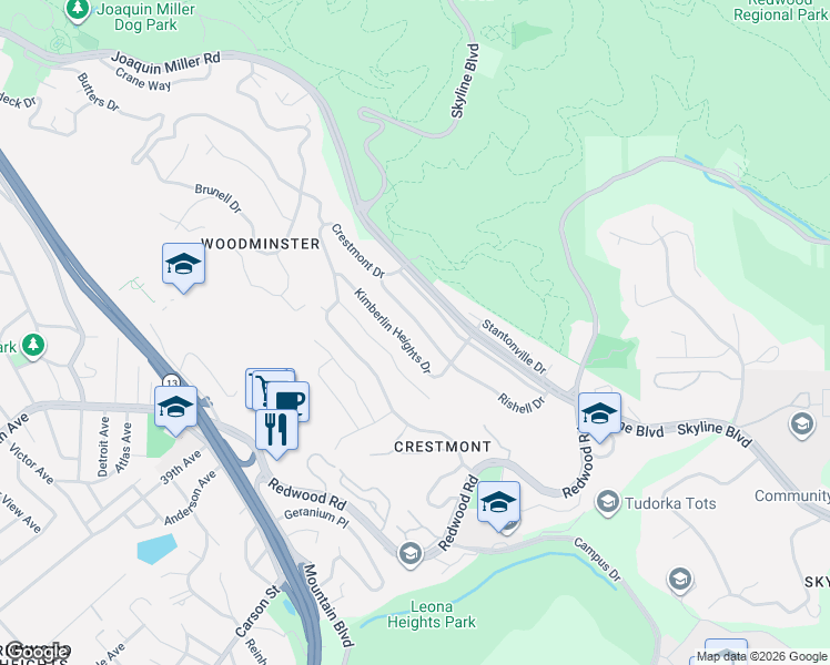 map of restaurants, bars, coffee shops, grocery stores, and more near 124 Rishell Drive in Oakland