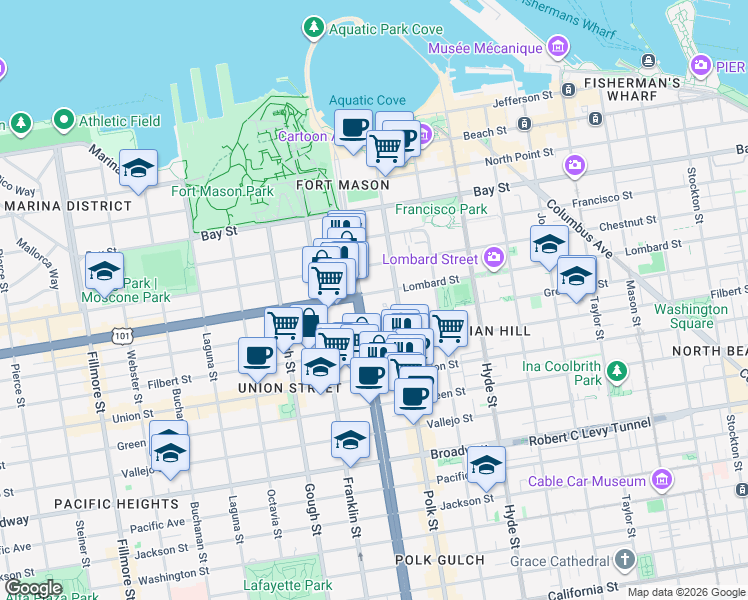 map of restaurants, bars, coffee shops, grocery stores, and more near 1355 Lombard Street in San Francisco