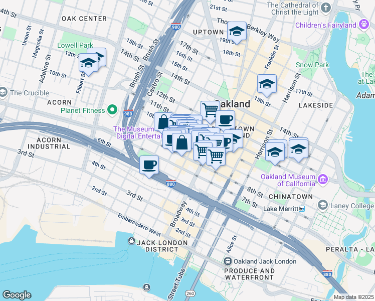 map of restaurants, bars, coffee shops, grocery stores, and more near 827 Washington Street in Oakland